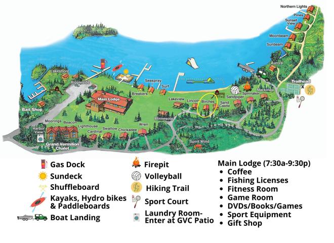 Resort map with Birches' circled, located near the beach.