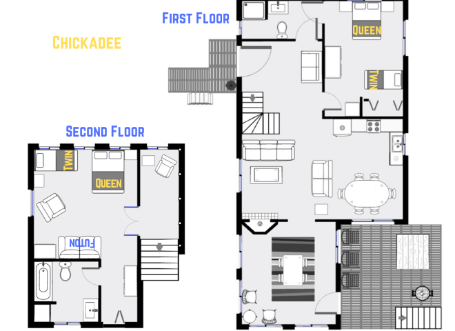 Chickadee's floor plan with two levels, two bedrooms, and two bathrooms.