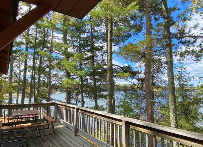 Deck area with a picnic table and charcoal grill.