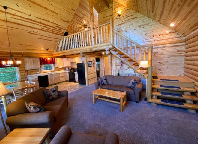 Living area showing both levels from the entrance.