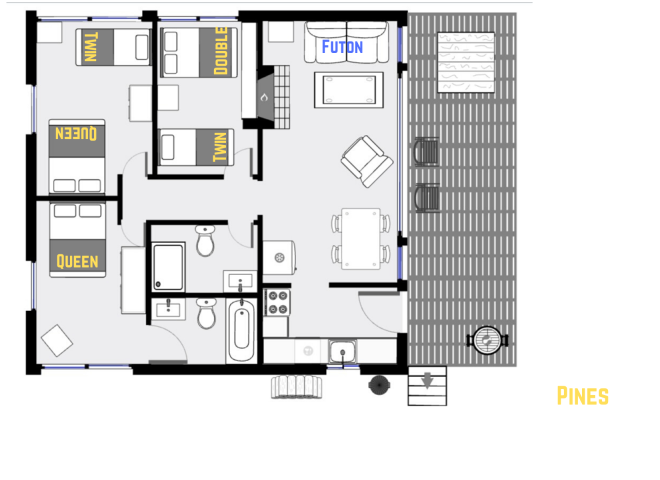 Pines' floor plan showing one level, three bedrooms, and two bathrooms.