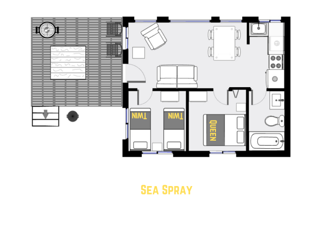 Floor plan showing a 1 level cabin with 2 bedrooms and 1 bathroom.