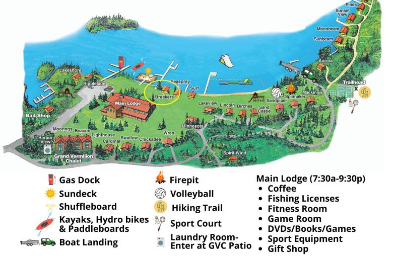 Resort map with Breaker's circled, located near the lodge.