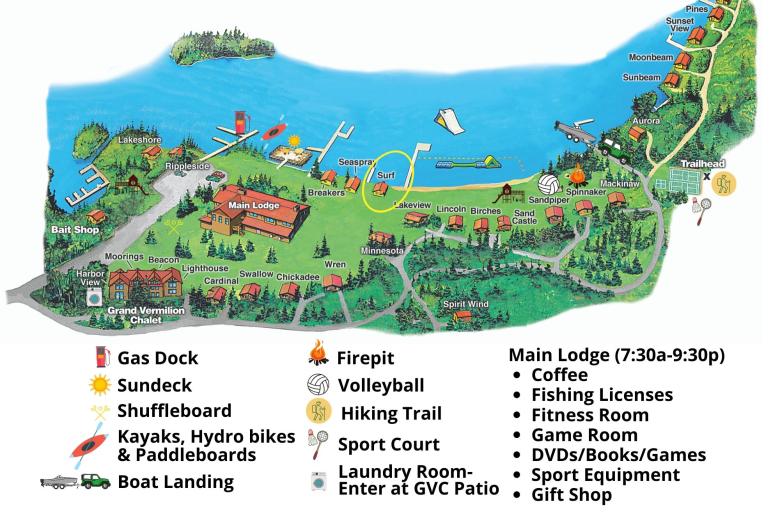 Resort map with Surf circled, located near the beach.