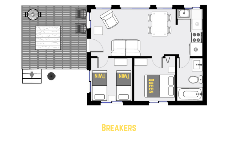 Breaker's floor plan showing one level, two bedrooms, and one bathroom.