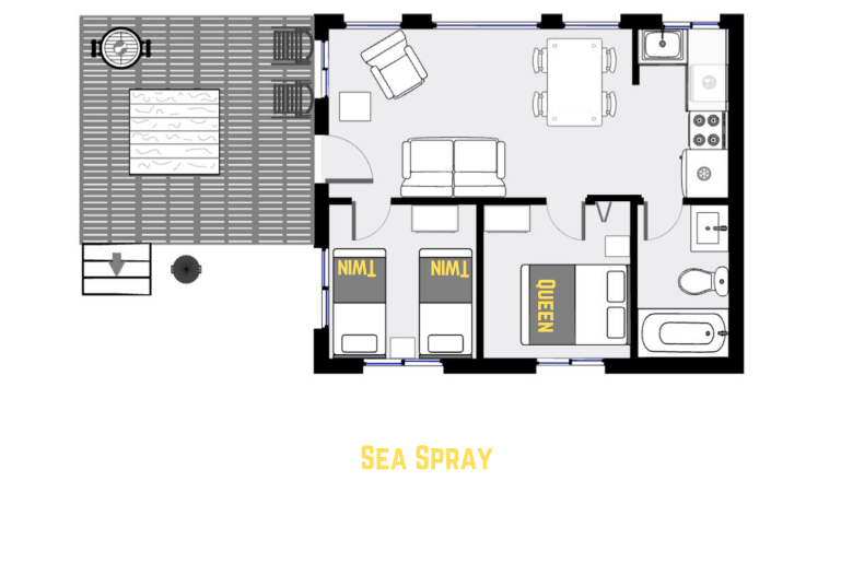 Floor plan showing a 1 level cabin with 2 bedrooms and 1 bathroom.
