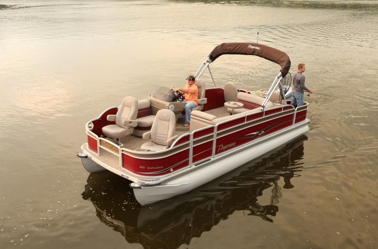 Two men fishing from a pontoon on Lake Vermilion