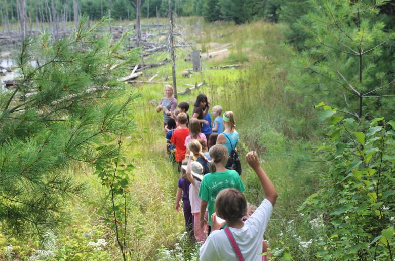 Children on a guided hike in the woods