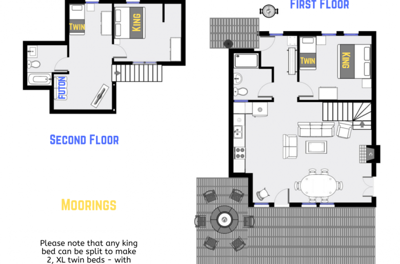 Moorings' floor plan showing two levels, two bedrooms plus loft bedroom, and two bathrooms.