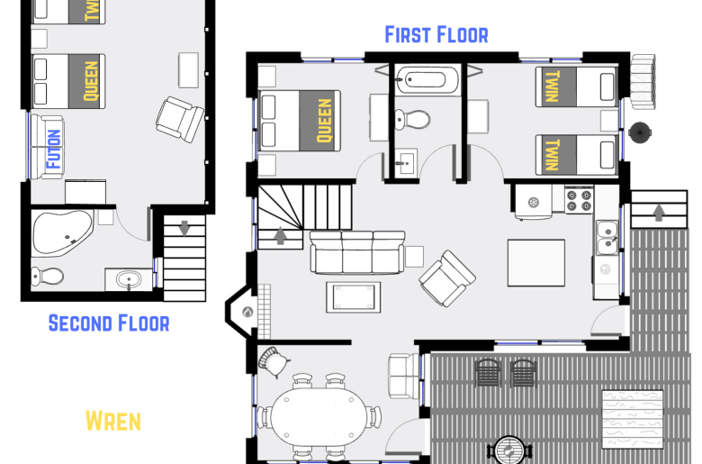 Wren's floor plan showing two levels, two bedrooms plus loft bedroom, and two bathrooms.