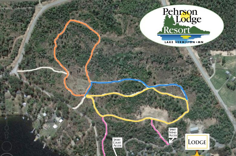 Map of three color-coded trail loops on Pehrson Lodge Property