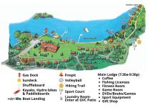 Resort map with Moorings circled; located near the lodge and harbor.
