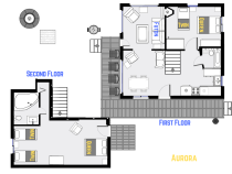 Aurora's floor plan showing two levels, one bedroom plus loft bedroom, and two bathrooms.