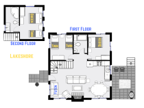 Lakeshore's floor plan showing two levels, two bedrooms plus loft bedroom, and two bathrooms.