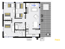 Pines' floor plan showing one level, three bedrooms, and two bathrooms.