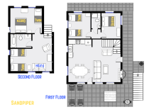 Sandpiper's floor plan showing two levels, three bedrooms plus loft bedroom, and two bathrooms.