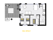 Floor plan showing a 1 level cabin with 2 bedrooms and 1 bathroom.