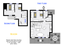Beacon's floor plan showing two levels, two bedrooms plus loft bedroom, and two bathrooms.